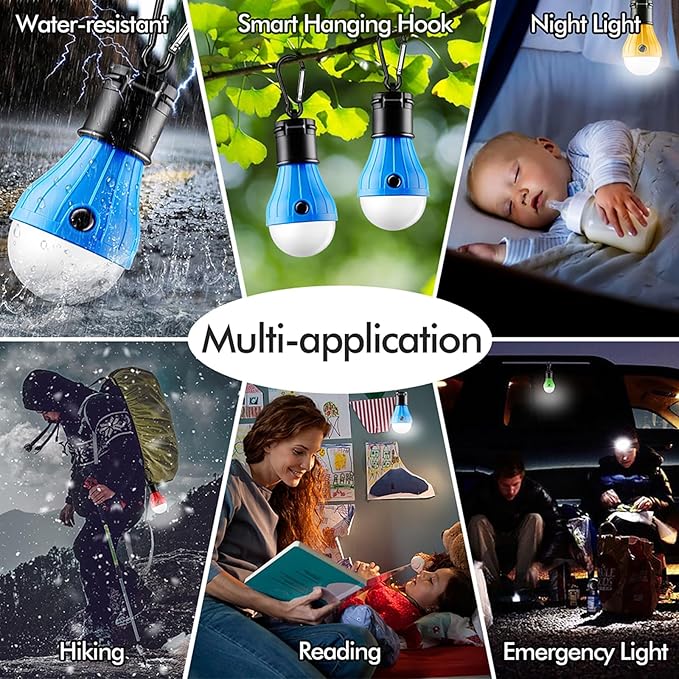 FLY2SKY Tent Lamp Portable LED Tent Lights Blue 4 Packs Hook Hurricane Emergency Lights LED Camping Lights Bulb Camping Tent Lanterns Camping Equipment for Camping Hiking Backpacking Fishing Outage | Battery Powered LED Tent Lights Bulbs Outdoor Campin...