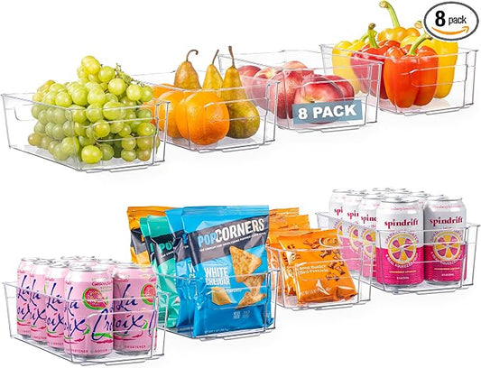 Oizeir 8 Pack Clear Plastic Storage Bins with Handles – Stackable Fridge Organizer Bins for Refrigerator, Freezer, Pantry, Kitchen Cabinet & Cupboard Organization, BPA-Free Acrylic, Transparent