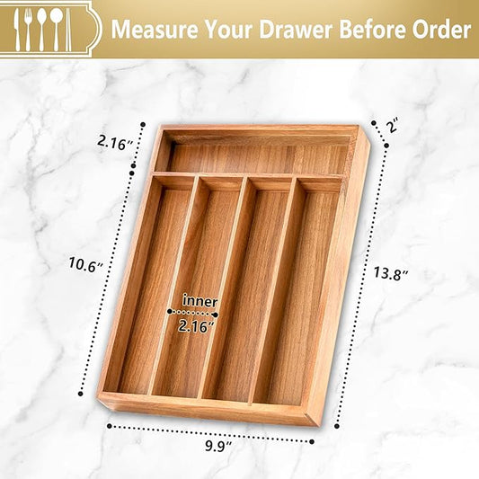Silverware Organizer, 2 Pack 10 Inch Utensil Organizer Kitchen Drawer Organizer Acacia Silverware Holder Cutlery Tray Organizer in Drawer Flatware Organizer Tray(5 slots, Acacia）
