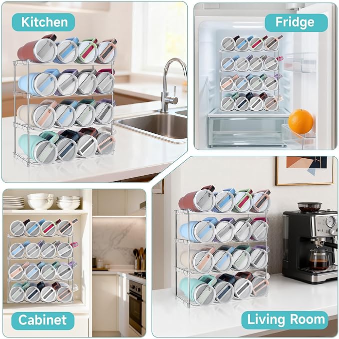 Stackable Water Bottle Organizer Large Compartment Water Bottle Holder | Tumbler Organizer for Stanley 40 oz Cup, Kitchen Cabinet Storage Organizer for Stanley Cup Accessories, 4 Tier Hold 16 Bottle
