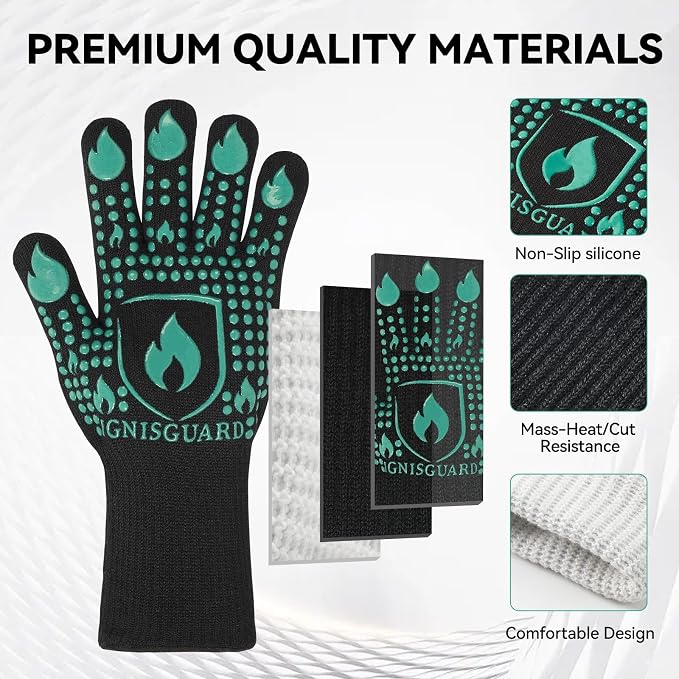 BBQ & Grill Gloves, Oven Gloves, 1472°F Silicone Oven Mitts Heat Resistant Grilling Gloves Fireproof Non-Slip for Barbecue Cooking Baking Smoking, 1-Pair (Green, Large)