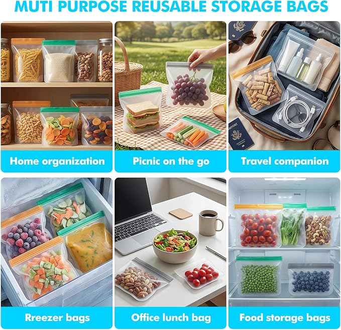 10 Pack Reusable Sandwich Bags Reusable Freezer Bags, Leakproof Silicone Food Storage Bag BPA Free Food Storage Contaizers, Gallon Freezer Snack Bag for Marinate Meat, Salad Fruit, Veggies, Lunch