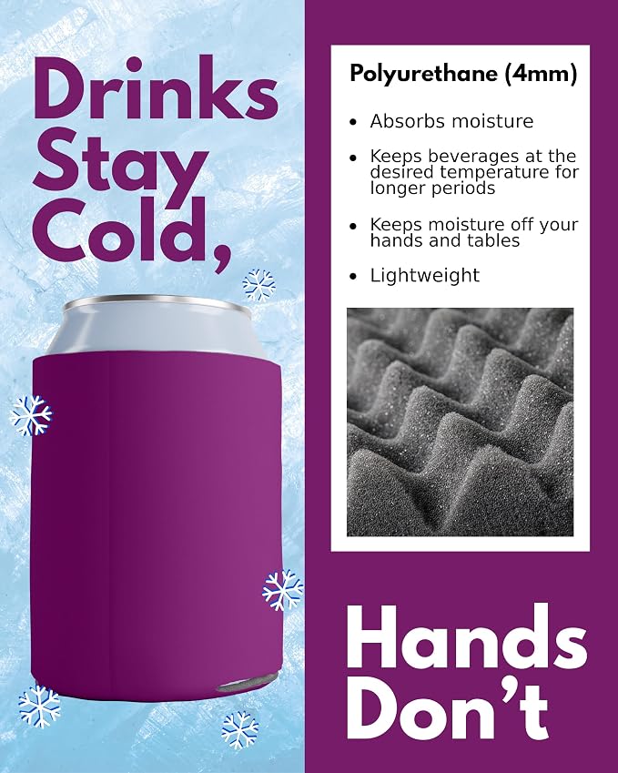 PartyPrints 100 Pack Fuchsia Blank Can Cooler Sleeves, Customizable Bulk Insulated Foam for Beer, Collapsible Plain Drink Holder, Cold Soda Insulator, 12oz Regular, 16oz Tall Cans