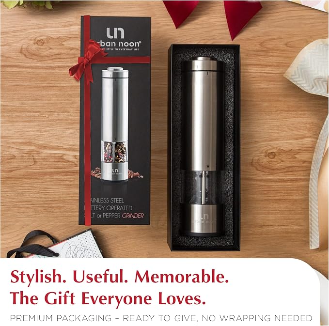 Urban Noon Electric Salt or Pepper Grinder (1 Mill, 8.1" Tall) - One-Handed Push-Button Mills with LED Light, Adjustable Ceramic Coarseness, Gift-Ready Box, 1-Year Warranty - Stainless Steel