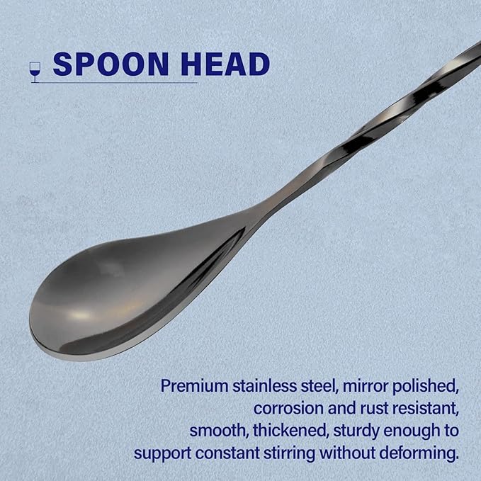 Briout Bar Spoon Cocktail Mixing Stirrers for Drink, Stainless Steel 12 Inches Long Handle, Black 2 Pieces