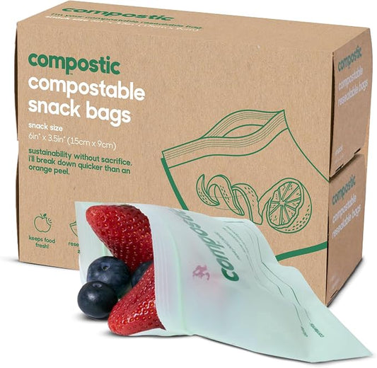 Compostic Compostable Snack Bags, Snack Size (100 Count) Everyday Essential — Resealable Zip-Seal, Plant-Based, Home Compostable, Freezer Safe, BPA-Free, Non-Toxic, GMO-Free Food Storage Bags