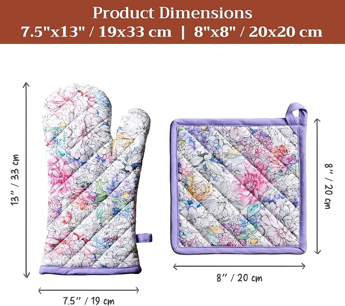 Maison d' Hermine 100% Cotton Oven Mitt & Pot Holder Set (7.5"x13" & 8"x8") | Heat Resistant BBQ Cooking Gloves with Loop Baking Grilling Kitchen Hotel Home Farmhouse Spring Summer - Floral Love