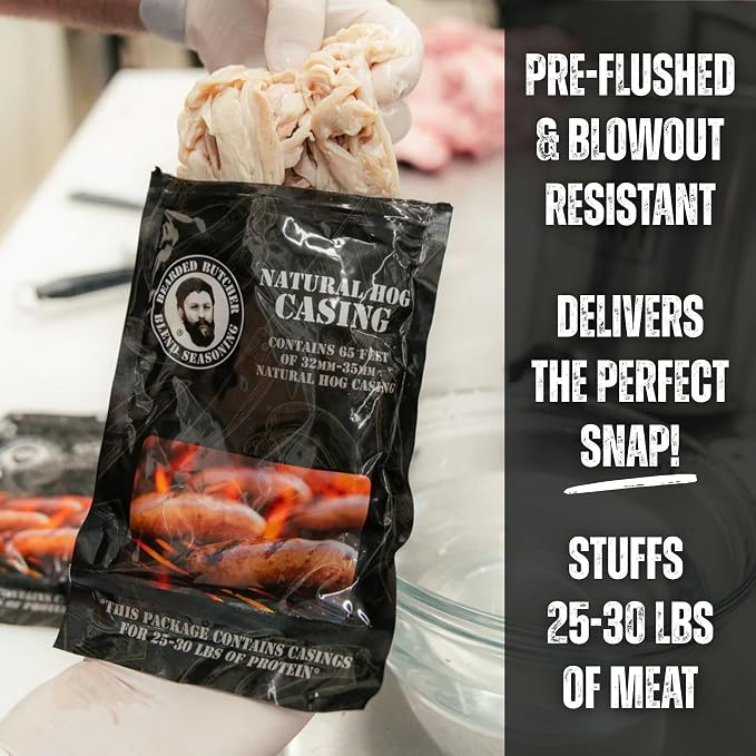 Bearded Butchers Natural Hog Sausage Casings 32-35mm, Edible Pre-Flushed | Stuffs 25-30 lbs, natural snap & bite, resealable brine bag, for bratwurst, Italian sausage, kielbasa, hot dogs, Polish