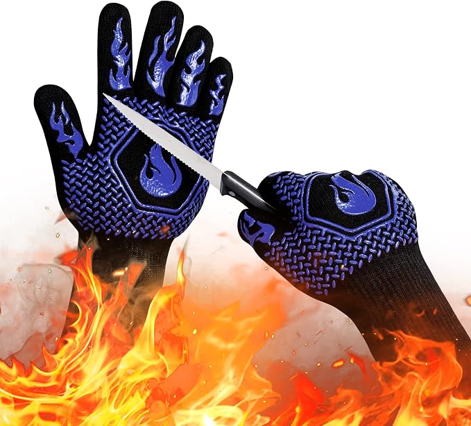 BBQ Fireproof Gloves, Grill Cut-Resistant 1472°F Heat Resistant Gloves, Non-Slip Silicone Oven Gloves, Kitchen Safe Cooking Gloves for Oven Mitts,Barbecue,Cooking, Frying,13.5 Inch-Blue