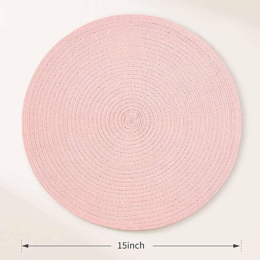 FunWheat Round Braided Placemats Set of 6 Place mats for Dining Tables Woven Heat Resistant Table Mats 15 inch (Pink)