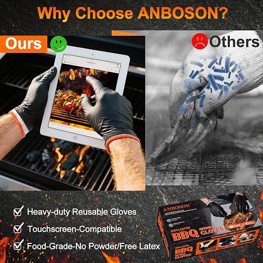 ANBOSON BBQ Gloves Disposable, Heat Resistant Grilling Gloves for Cooking | 6Mil Disposable Nitrile Gloves-100Ct & 4 Cotton Liners for BBQ, Grill, Smoker, Cooking, Food Prep, Catering, Large, Black
