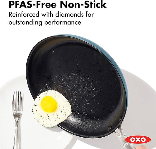OXO Enhanced 10” Nonstick Frying Pan Skillet, Ceramic PFAS-Free Cookware, Stainless Steel Handle, Eggs & Omelets, Dishwasher & Oven Safe, Storm Blue