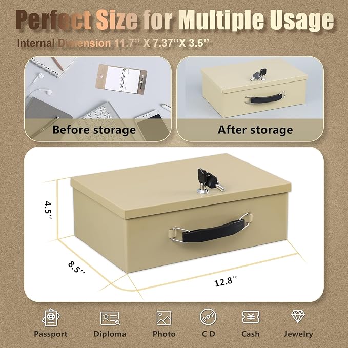 xydled Fireproof Document Box with Key Lock, Fire Safe Box, Sand | Fire and water resistant lock box for documents, passports, cash and valuables, keeping secure at home, 12.8 x 8.5 x 4.5 Inch