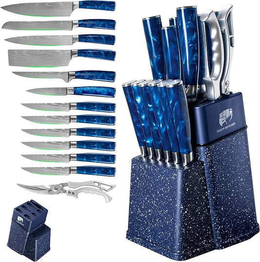 FULLHI 14pcs Block Knife Set, Chef's Knife Steak Knives Set with Block and Sharpener, Kitchen Knife Set, Multi-colour Handle, Gifts for Men Women