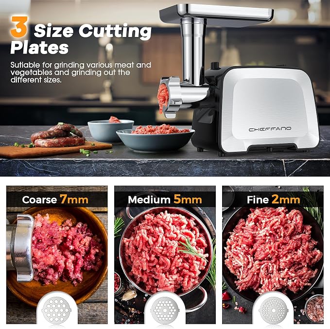 Electric Meat Grinder, 2000W Max Sausage Stuffer Maker, Vegetable Cheese Grater with 3 Shredder Slicer Blades, 2 Blades, 3 Plates, Sausage Tube, 2 Meat Claws, Burger Press & Kubbe Kit