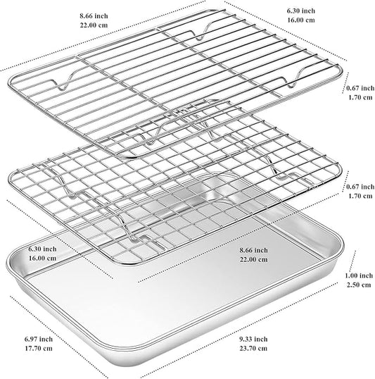 Baking Sheet with Rack Set, Yododo Set of 4 (2 Sheets + 2 Racks), Stainless Steel Cookie Sheet Baking Pan Tray with Cooling Rack, Non Toxic & Heavy Duty & Easy Clean - Size of 9 inch