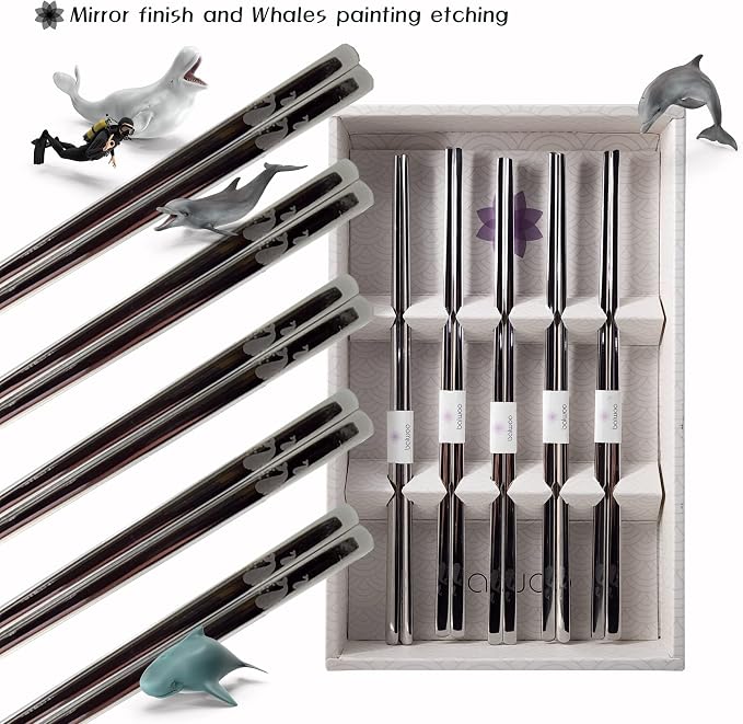 Chopsticks [Made in Korea][5 Sets] 430 Premium Stainless Steel Chopsticks, Mukbang Kitchen Utensil, Cutlery Silverware Stainless Tableware (Whale)
