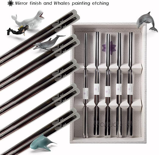 Chopsticks [Made in Korea][5 Sets] 430 Premium Stainless Steel Chopsticks, Mukbang Kitchen Utensil, Cutlery Silverware Stainless Tableware (Whale)