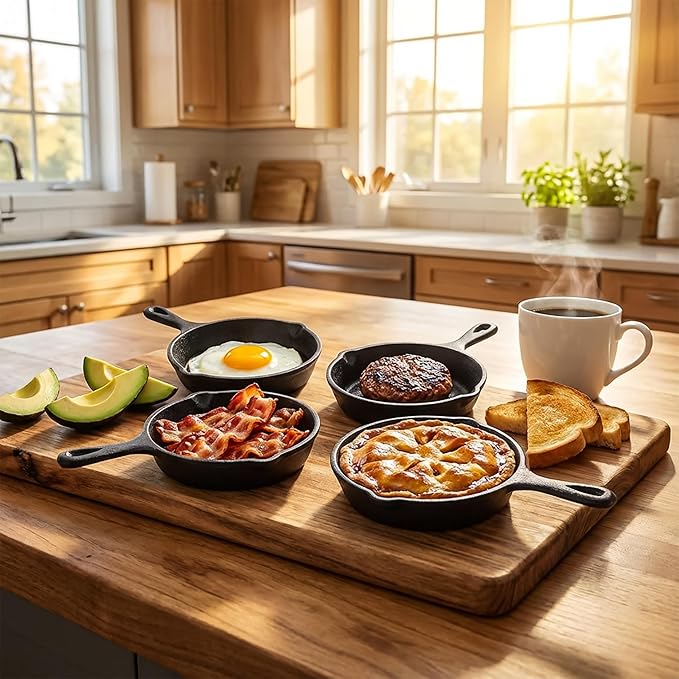 Hiceeden 4 Pack Mini Cast Iron Skillet, 4" Small Frying Pans with Double Drip-Spouts for Stove, Oven, Grill Safe, Indoor and Outdoor Use, Non-stick