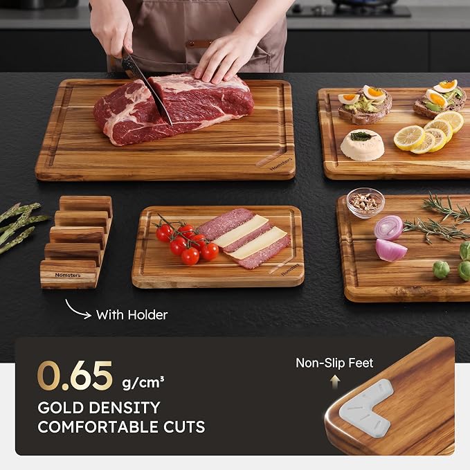 4 Pack Teak Wood Cutting Boards for Kitchen Wooden Chopping Board Non Toxic | Heavy Duty, Charcuterie Board, Serving, Non Slip, Solid Thick Wood, Extra Large Big Small, Meat, House Warming & Hostess Gift