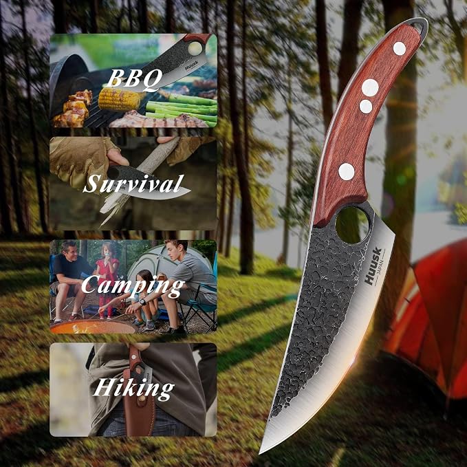 Huusk Hand Forged Viking Knife with Sheath for Kitchen Camping BBQ | Japanese Butcher Knife for Meat Cutting, High Carbon Steel Chef Knives with Ergonomic Wood Handle, Gifts for Men