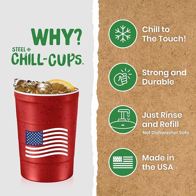 Steel Chill Cups 16 oz. Reusable Party Cups, Patriotic Red, 12 Count | Made in USA from Steel these durable cups chill fast & keep your drink cold for longer, 100% recyclable for sustainablity