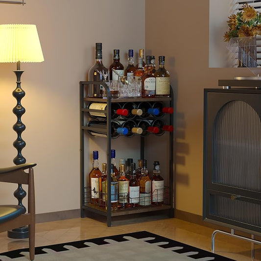 3-Tier Wine Rack Freestanding Floor Cabinet Corner Bar Cabinet Bar Cart,12 Individual Wine Storage Bottle Compartments Corner Bar Cabinet Holder,Wood + Black Frame Liquor Cabinet
