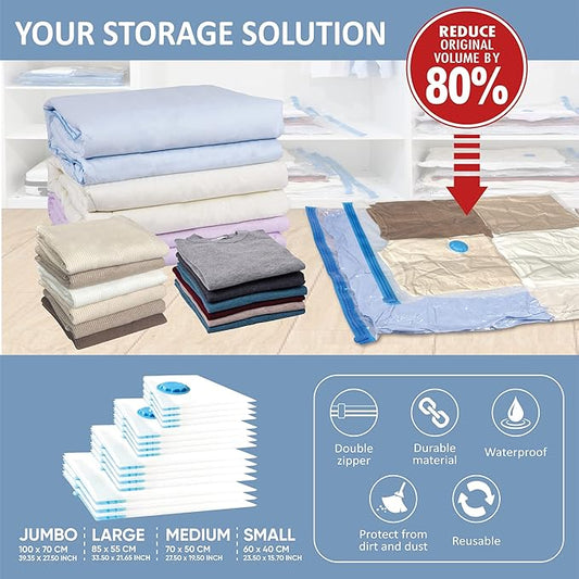 15 Pack Vacuum Storage Bags with Hand Pump, 80% Space Saver Vacuum Seal Storage Bags for Clothing, Travel Lugggage, Blankets, Comforters