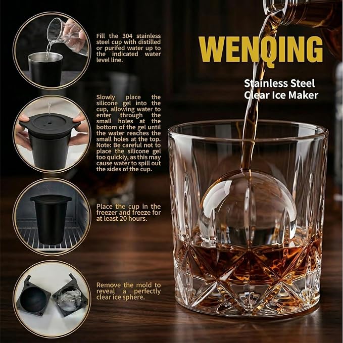 2.5" Clear Ice Ball Maker - Stainless Steel Sphere Ice Mold for Whiskey & Cocktails, Crystal Clear Round Ice Cube Tray with Easy-Release Silicone, Bourbon Gifts for Men, 4 Pack (Black)