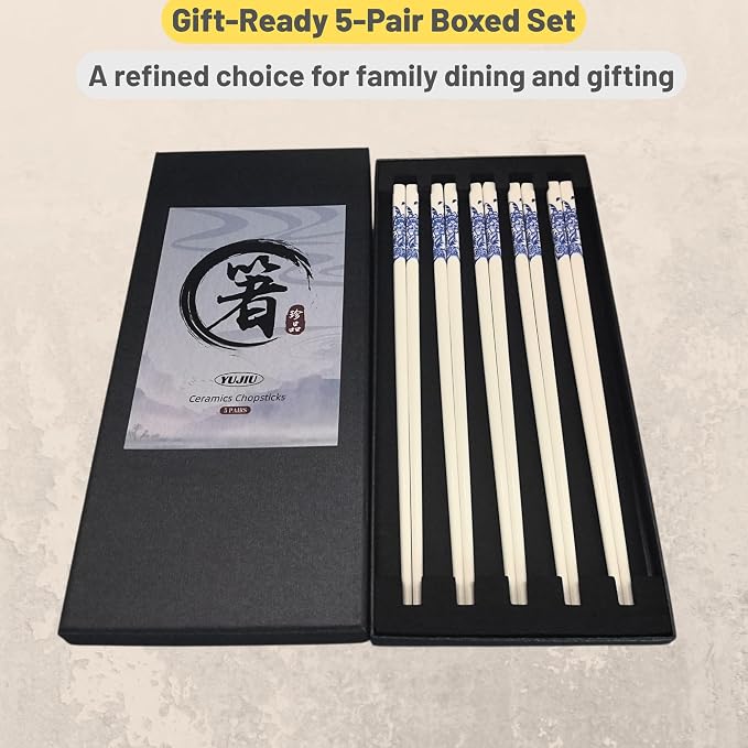 Porcelain Chopsticks Set of 5 Pairs, Reusable Bone Ceramic Chopsticks, Dishwasher Safe, Non-Slip Design, Elegant Gift Box for Family or Restaurant Use (peony)