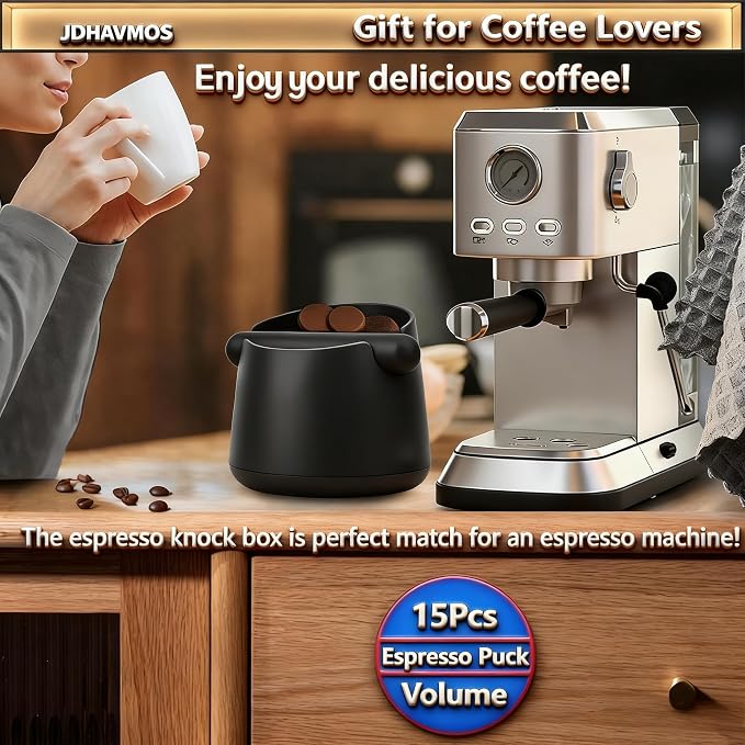 5-Inch Espresso Knock Box, Holds 15+ Coffee Pucks with Barista Towels, Removable Knock Bar & Anti-Slip Base, Espresso Machine Accessories for Home/Office (Modern Black)