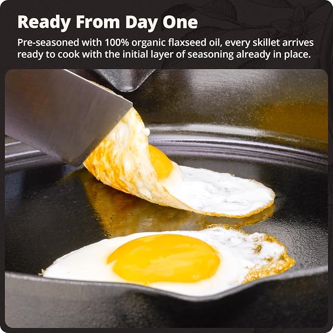Greater Goods 10" Cast Iron Skillet, Smooth Surface, Nonstick-Like Release | Polished & Precision-Milled, 100% Organic Flaxseed Oil, No Synthetic Coating, Oven, Grill, Induction Ready, Pre-Seasoned