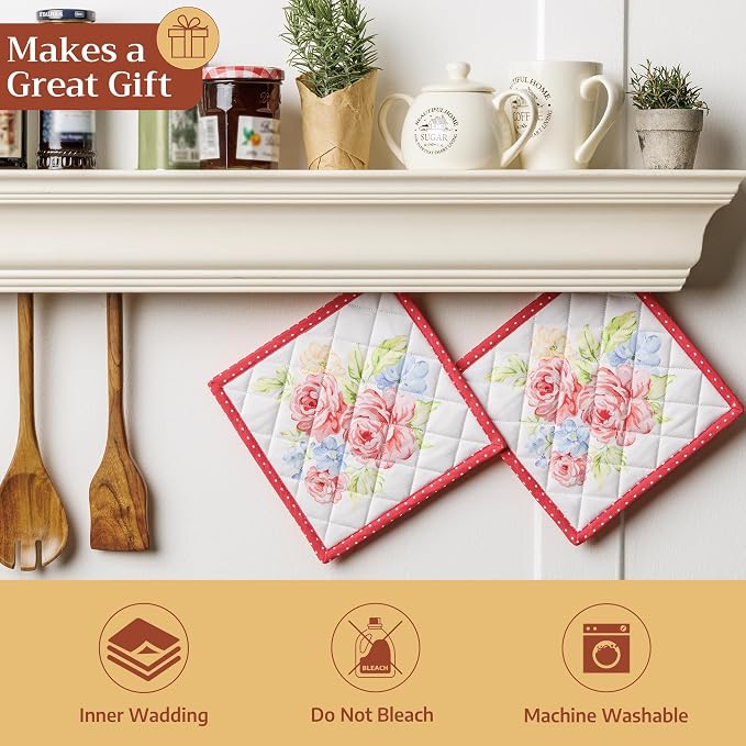 Maison d' Hermine Pot Holders 100% Cotton Potholders (8" x 8", Pack of 1) | Heat Resistant Hot Pads with Loop BBQ Cooking Baking Farmhouse Kitchen Handling Hot Pans Spring Summer - Vintage Floral