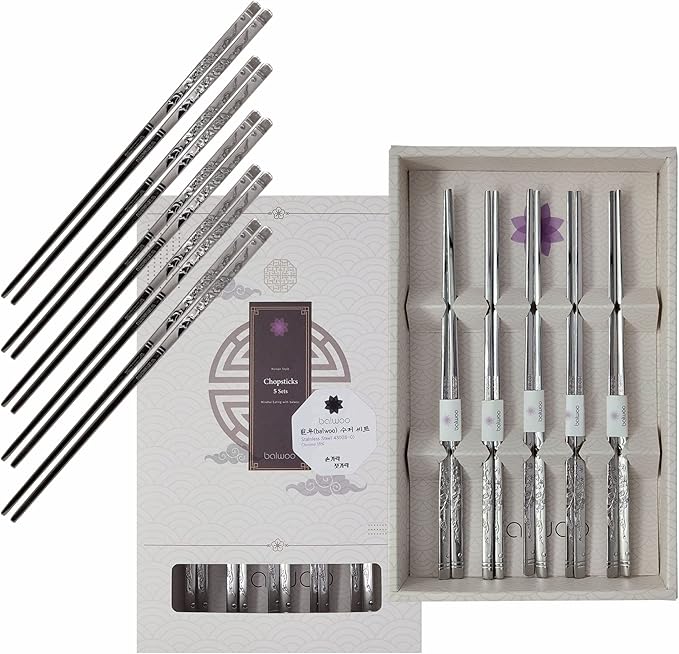 Chopsticks [Made in Korea][5 Sets] 430 Premium Stainless Steel Chopsticks, Mukbang Kitchen Utensil, Cutlery Silverware Stainless Tableware (Crane)