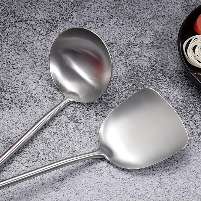 Wok Spatula & Ladle Set, AOOSY 304 Stainless Steel Cooking Utensils,2 Pcs | Wooden Handle Wok Utensils Soup Ladle Wok Spatula, 15 In