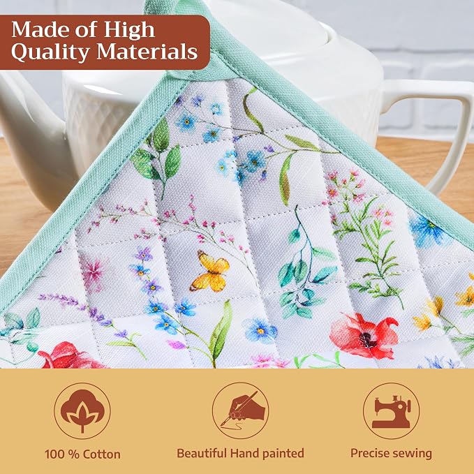 Maison d' Hermine Pot Holders 100% Cotton Potholders (8" x 8", Pack of 1) | Heat Resistant Hot Pads with Loop BBQ Cooking Baking Farmhouse Kitchen Handling Hot Pans Spring Summer - Just Floral