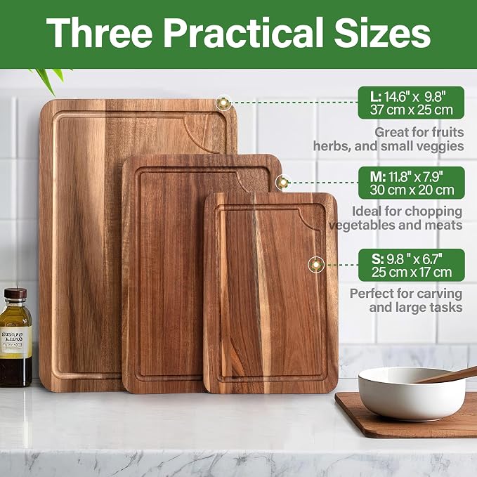 Wood Cutting Board Set, 3-Piece Cutting Board with Stand for Kitchen | Chopping Board with Juice Groove & Handles, Serving Board, Ideal for Meat, Vegetables and Cheese