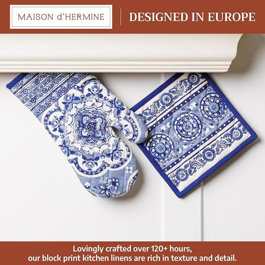 Maison d' Hermine 100% Cotton Oven Mitt & Pot Holder Set (7.5"x13" & 8"x8") | Heat Resistant BBQ Cooking Gloves with Loop Baking Grilling Kitchen Hotel Home Farmhouse Spring Summer - Melodie Bleue