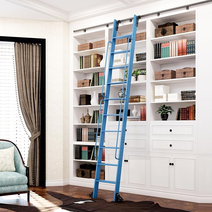 DIYHD 120" Rolling Library Ladder with Handrail, 4FT Sliding Rail, Blue | 10-Step lightweight ladder with space-saving upright storage, Telescopic top hooks, Locking bottom rollers, 300lbs capacity