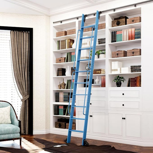 DIYHD 120" Rolling Library Ladder with Handrail, 4FT Sliding Rail, Blue | 10-Step lightweight ladder with space-saving upright storage, Telescopic top hooks, Locking bottom rollers, 300lbs capacity