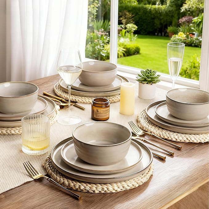 AmorArc Stoneware Dinnerware Sets,Round Reactive Glaze Plates and Bowls Set,Highly Scratch Resistant | Dishwasher & Microwave Safe Dishes Set,Service for 4 (12pc)
