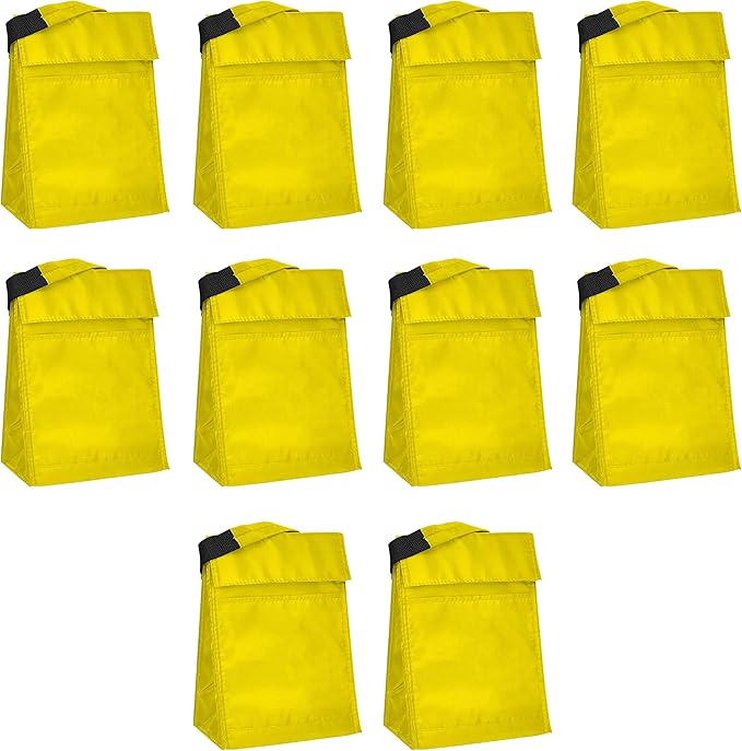 DISCOUNT PROMOS 10 Hook and Loop Insulated Lunch Bags Set - Polyester, Durable, Vibrant, Reusable - Yellow