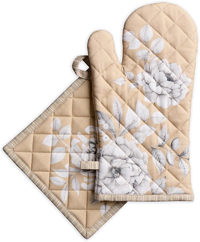 Maison d' Hermine 100% Cotton Oven Mitt & Pot Holder Set (7.5"x13" & 8"x8") | Heat Resistant BBQ Cooking Gloves with Loop Baking Grilling Kitchen Home Farmhouse Thanksgiving Christmas - Pretty Autumn