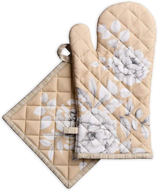 Maison d' Hermine 100% Cotton Oven Mitt & Pot Holder Set (7.5"x13" & 8"x8") | Heat Resistant BBQ Cooking Gloves with Loop Baking Grilling Kitchen Home Farmhouse Thanksgiving Christmas - Pretty Autumn
