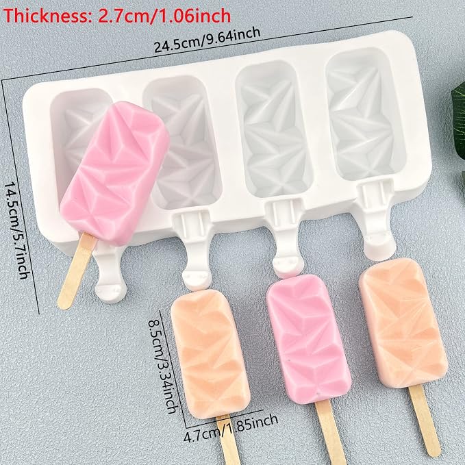 Ice Cream Popsicle Silicone Mold Set of 2, 8-Cavity Chocolate Cake Fondant Molds, Home DIY Popsicle Tools, BPA Free, Reusable and Easy to Clean Homemade Popsicle Maker with 50 Wooden Sticks