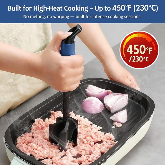 Ourokhome Meat Chopper and Potato Masher, Heat Resistant Nylon Ground Beef Smasher for Hamburger, 5 Curved Blades Nonstick Safe Mixer & Stirrer, Practical Kitchen Gadgets, Navy.