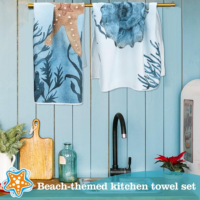 Boyiee 6 Pcs Beach Kitchen Towels Set, Ocean Sea Animal Nautical Tea Towels, 24 x 16 Inches Absorbent Cloth, Coastal Starfish Turtle Jellyfish Hand Dishcloths for Farmhouse Bathroom & Kitchen Decor