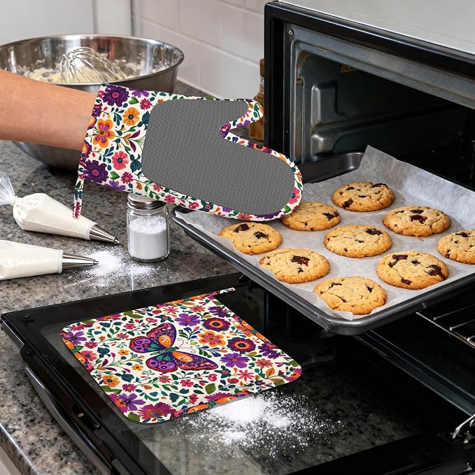 Butterfly Flowers Heat-Resistant Silicone Oven Mitts and Pot Holder 4 Piece Set,Vintage Non-Slip Kitchen Oven Gloves for Baking, BBQ, Cooking,Grilling