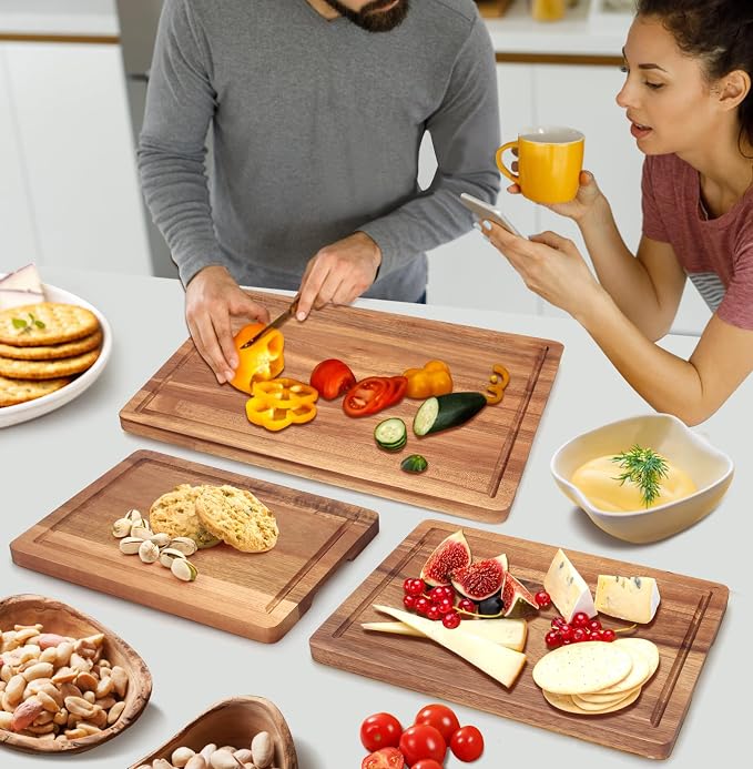 Solid Acacia Wood Cutting Board Set of 3 Wooden Charcuterie Boards Set | Hardwood Meat Chopping Board Butcher Blocks Safe Non Toxic Large Cutting Boards for Kitchen Decor Bread Serving Cheese Board