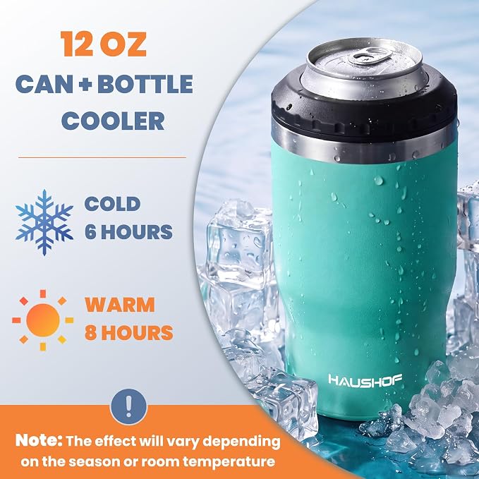 HAUSHOF 4-in-1 Insulated Can Cooler Fits 12oz Cans & Beer Bottle, Lake Blue | Double-Wall Vacuum Insulated, 18/8 Stainless Steel, BPA-Free Lid, Slim Can Cooler for Camping, Beach & Picnic